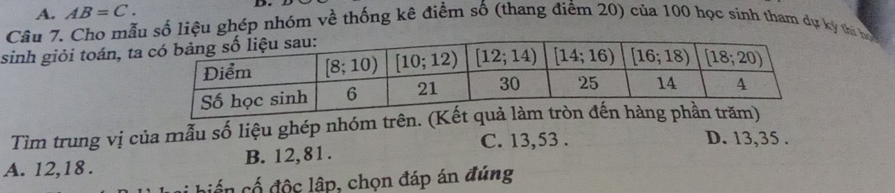 A. AB=C. D.
Câu 7. Cho mẫu số liệu ghép nhóm về thống kê điểm số (thang điểm 20) của 100 học sinh tham dự kỳ thi họ
sinh giỏi toán, ta
Tìm trung vị của mẫu số liệu ghép nhóm trên
C. 13,53 . D. 13,35 .
A. 12,18 . B. 12,81.
ciến cổ độc lập, chọn đáp án đúng