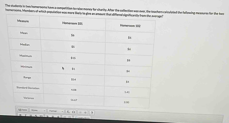 The students in two homerooms have a competition to raise money for charity. After the collection was over, the teachers calculated the following measures for the two 
homerooms. Members of which population 
e Format L Ω ?