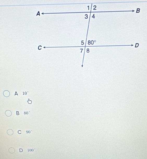 A 10°
B 80°
C 90°
D 100°