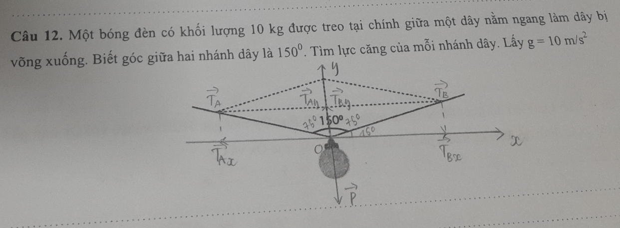 Một bóng đèn có khối lượng 10 kg được treo tại chính giữa một dây nằm ngang làm dây bị 
võng xuống. Biết góc giữa hai nhánh dây là 150°. Tìm lực căng của mỗi nhánh dây. Lấy g=10m/s^2
150°
。