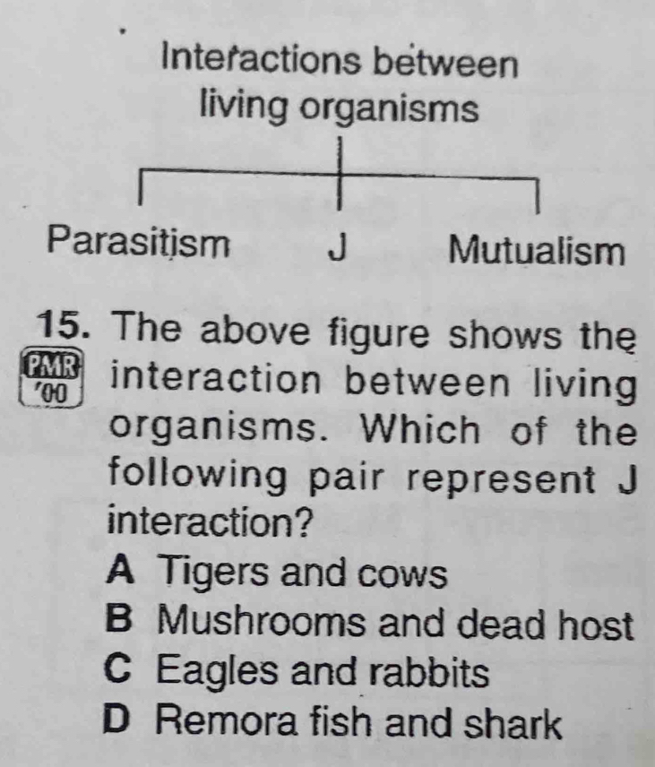 Interactions between
living organisms
Parasitism J Mutualism
15. The above figure shows the
PMR interaction between living
'00
organisms. Which of the
following pair represent J
interaction?
A Tigers and cows
B Mushrooms and dead host
C Eagles and rabbits
D Remora fish and shark