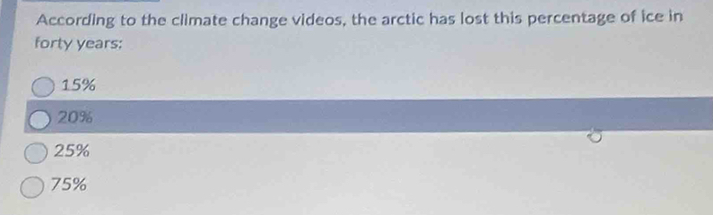 According to the climate change videos, the arctic has lost this percentage of ice in
forty years:
15%
20%
25%
75%