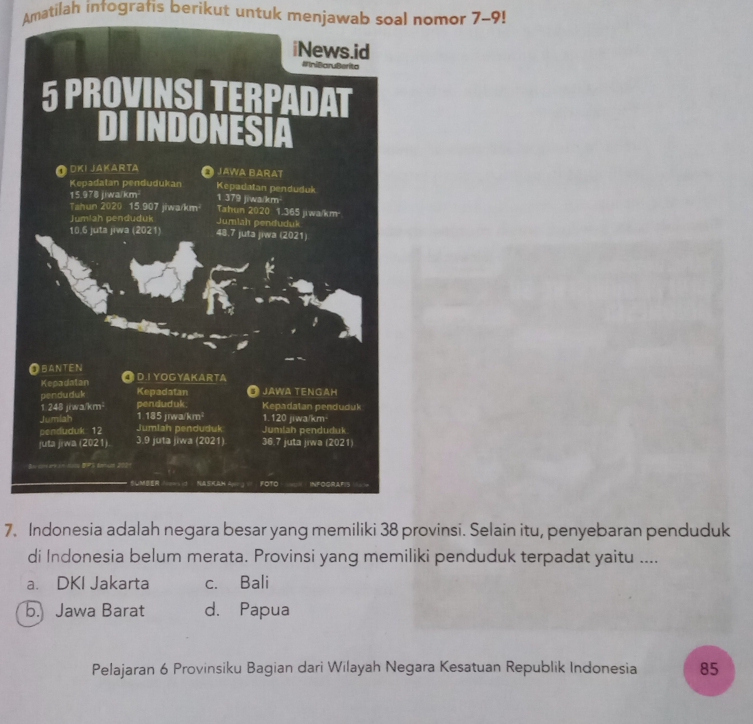 Amatilah infografis berikut untuk menjawab soal nomor 7-9!
7. Indonesia adalah negara besar yang memiliki 38 provinsi. Selain itu, penyebaran penduduk
di Indonesia belum merata. Provinsi yang memiliki penduduk terpadat yaitu ....
a. DKI Jakarta c. Bali
b. Jawa Barat d. Papua
Pelajaran 6 Provinsiku Bagian dari Wilayah Negara Kesatuan Republik Indonesia 85