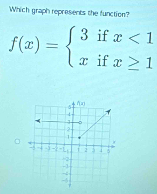 Which graph represents the function?
f(x)=beginarrayl 3ifx<1 xifx≥ 1endarray.