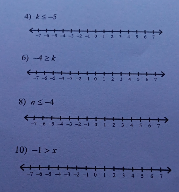 k≤ -5
6) -4≥ k
8) n≤ -4
10) -1>x