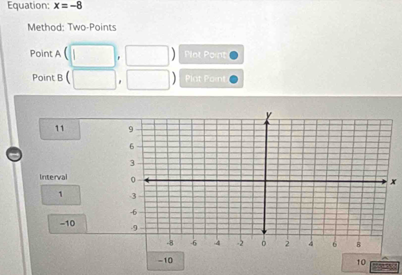 Equation: x=-8
Method: Two-Points 
Point A Pot Point 
Point B □  Plat Point 
□ 

11
Interval
1
-10
-10
10