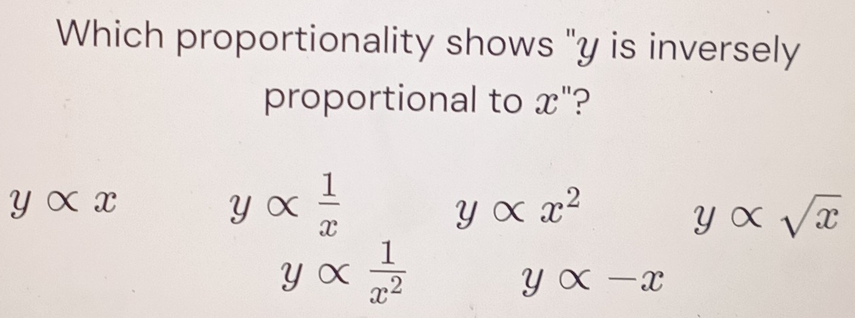 Which proportionality shows "y is inversely
proportional to x"?
yalpha x
yalpha  1/x 
yalpha  1/x^2  yalpha x^2 y∝ sqrt(x)
∴ △ ADCsim^2...
yalpha -x