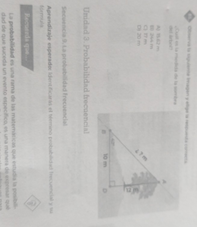 Observa la siguiente imagén y elige la respuesta correcta
, Cual es la medida de la sombra
del árbol?
A) 15.62 m
B) 244 m
C) 17 m
D) 20 m
Unidad 3. Probabilidad frecuencial
Secuencia 9. La probabilidad frecuencial
Aprendizaje esperado: Identificarás el término probabilidad frecuencial y su
fórmula
Recuerda que...
La probabilidad es una rama de las matemáticas que estudia la posibili-
dad de que suceda un evento específico, es una manera de expresar qué