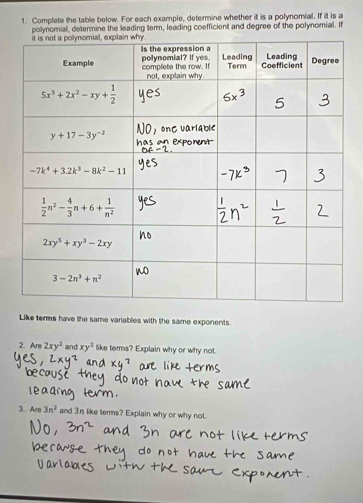 Complete the table below. For each example, determine whether it is a polynomial. If it is a
polynomial, determine the leading term, leading coefficient and degree of the polynomial. If
Like terms have the same variables with the same exponents.
2. Are 2xy^2 and xy^2 like terms? Explain why or why not.
3、 Are 3n^2 and 3π like terms? Explain why or why not.