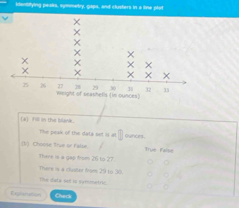 identifying peaks, symmetry, gaps, and clusters in a line plot
(a) Fill in the blank.
The peak of the data set is at ounces.
(b) Choose True or False. True False
There is a gap from 26 to 27.
There is a cluster from 29 to 30.
The data set is symmetric.
Explanation Check