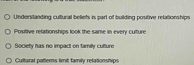 Understanding cultural beliefs is part of building positive relationships
Positive relationships look the same in every culture
Society has no impact on family culture
Cultural patterns limit family relationships