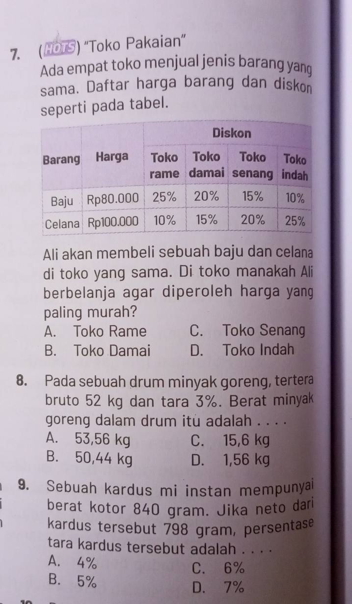 (HOTS) “Toko Pakaian”
Ada empat toko menjual jenis barang yang
sama. Daftar harga barang dan diskon
seperti pada tabel.
Ali akan membeli sebuah baju dan celana
di toko yang sama. Di toko manakah Ali
berbelanja agar diperoleh harga yang
paling murah?
A. Toko Rame C. Toko Senang
B. Toko Damai D. Toko Indah
8. Pada sebuah drum minyak goreng, tertera
bruto 52 kg dan tara 3%. Berat minyak
goreng dalam drum itu adalah . . . .
A. 53,56 kg C. 15,6 kg
B. 50,44 kg D. 1,56 kg
9. Sebuah kardus mi instan mempunyai
berat kotor 840 gram. Jika neto dari
kardus tersebut 798 gram, persentase
tara kardus tersebut adalah . . . .
A. 4%
C. 6%
B. 5%
D. 7%