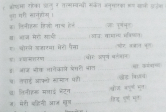 ह कोष्ठमा रहेका धातु र तत्सम्बन्धी संकेत अनुसारका रूप बाली ठाउमा 
पर गरी सानुहोस्। 
ढ) तिनीहरू हिजो नाच हेरन _(जाः पूर्णभूत) 
ख) आज मेरो साथी _ (आउ: सामान्य भविष्यत) 
ग चोरले बजारमा मेरो पैसा _(चोर: अजञाल भूत) 
थ शवामशरण _(चोर: अपूर्ण बर्तमान) 
ड। आज भोक लागोकाले बेसरी भात _(खा: कमवाच्य 
च) तपाई आफ्नो सामान यही _(छोड: विध्यर्थ) 
छ तिनीहरू मलाई भेट्न _(खोज: अपूर्ण भूत) 
ज) मेरी बहिनी आज खूब _(हिइ: पूर्ण भूत)