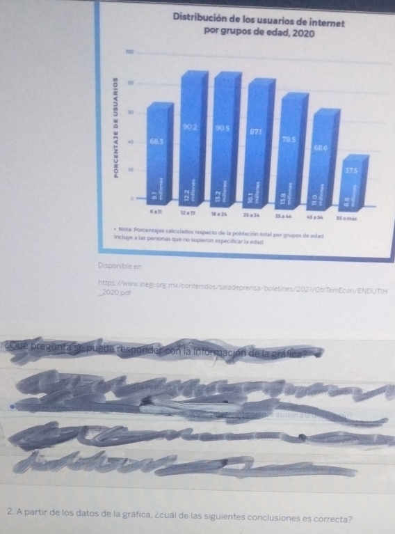 pdf 
¿Que pregunta se puede responder con la información de la gráfica? 
2. A partir de los datos de la gráfica, ¿cuál de las siguientes conclusiones es correcta?