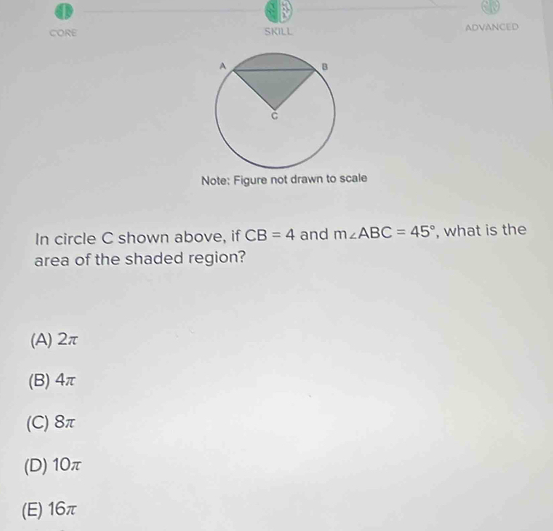 CORE SKILL ADVANCED
Note: Figure not drawn to scale
In circle C shown above, if CB=4 and m∠ ABC=45° , what is the
area of the shaded region?
(A) 2π
(B) 4π
(C) 8π
(D) 10π
(E) 16π