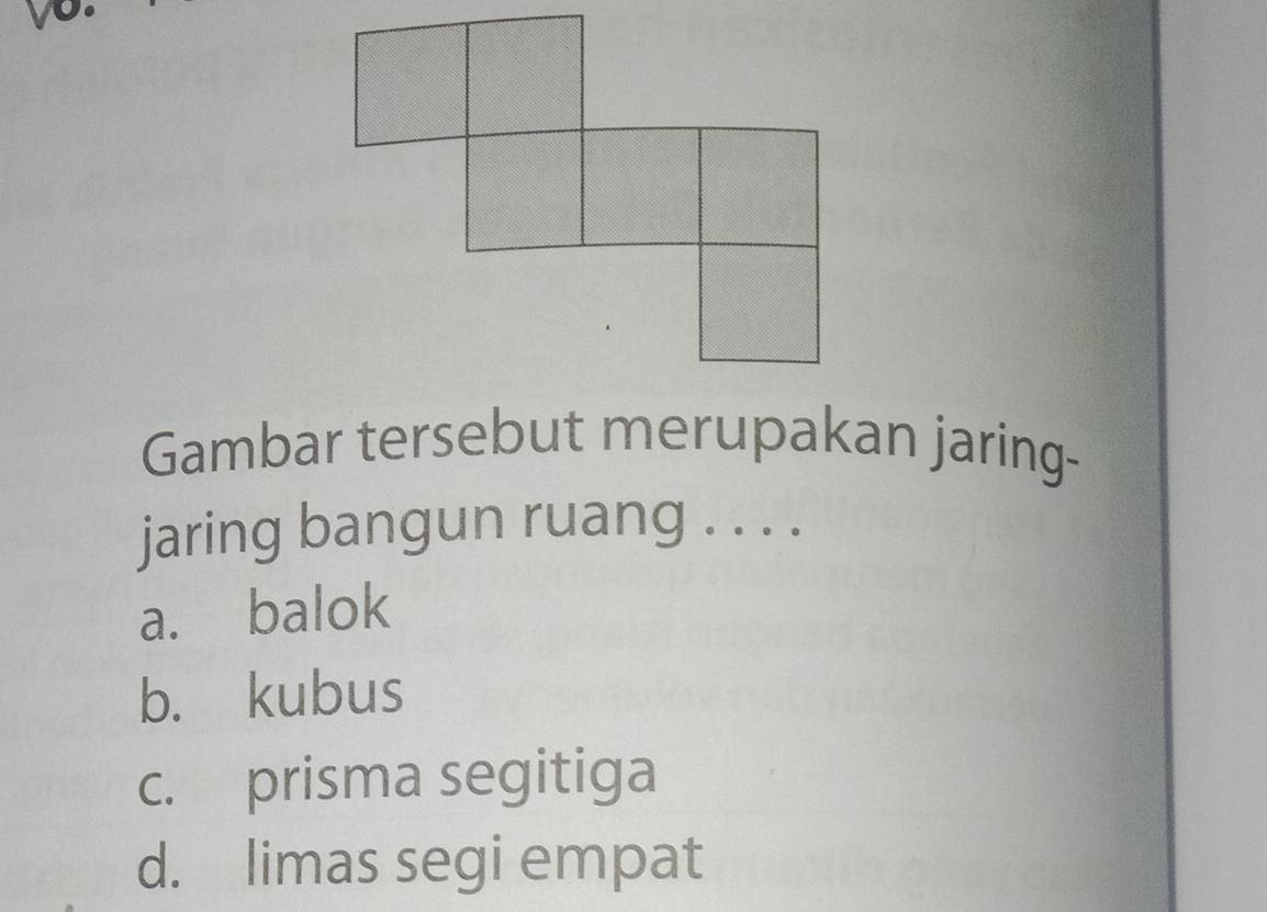 vo.
Gambar tersebut merupakan jaring-
jaring bangun ruang . . . .
a. balok
b. kubus
c. prisma segitiga
d. limas segi empat