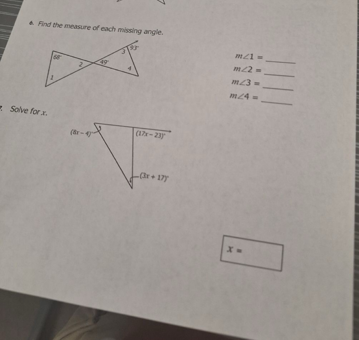 Find the measure of each missing angle.
m∠ 1=
_
_
m∠ 2=
_
m∠ 3=
_
m∠ 4=. Solve for x.
x=