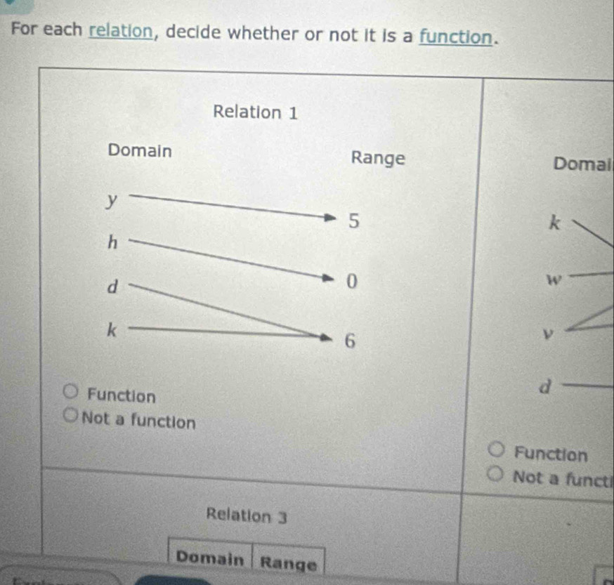 For each relation, decide whether or not it is a function.
Domai
Function
Not a function
Function
Not a functi
Relation 3
Domain Range