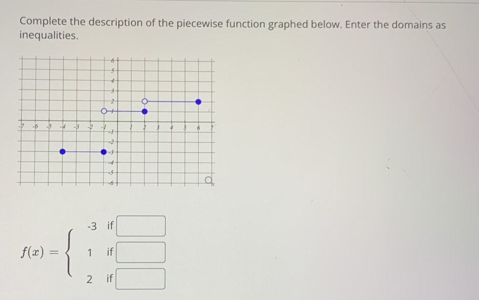 Complete the description of the piecewise function graphed below. Enter the domains as 
inequalities.
f(x)=beginarrayl -3if□  1if□  2if□ endarray.