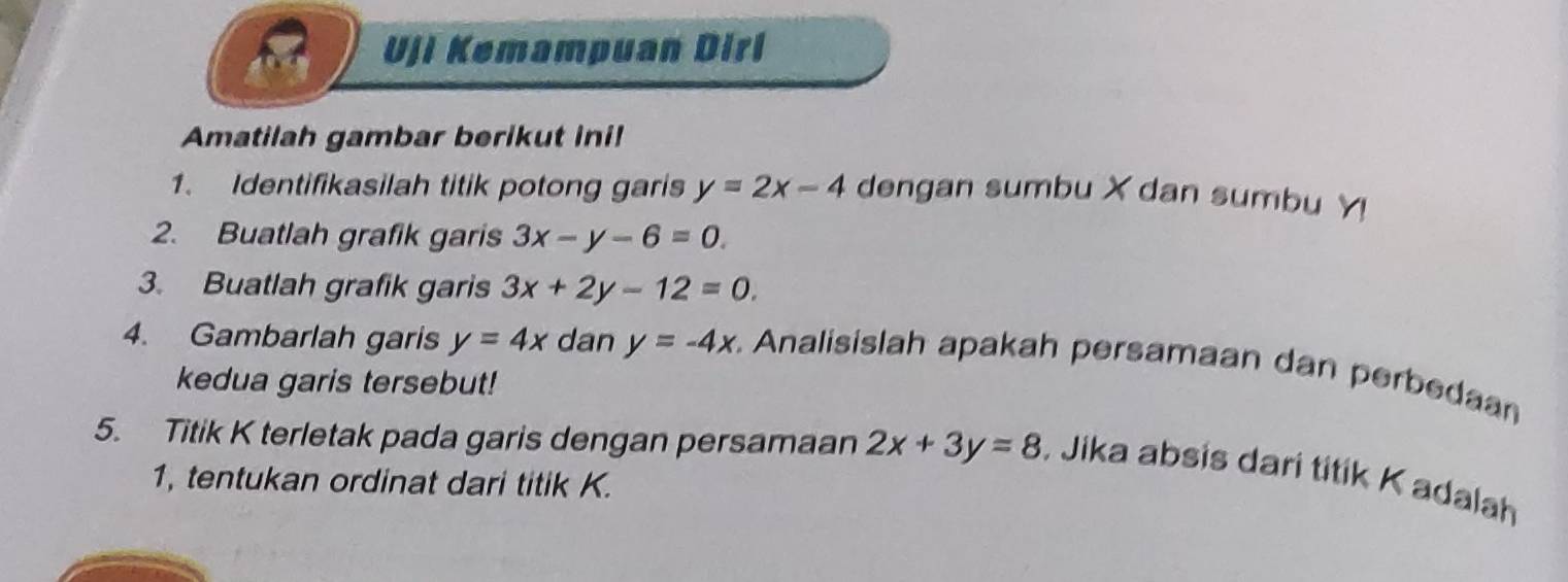 Uji Kemampuan Dirl 
Amatilah gambar berikut ini! 
1. Identifikasilah titik potong garis y=2x-4 dengan sumbu X dan sumbu Y! 
2. Buatlah grafik garis 3x-y-6=0. 
3. Buatlah grafik garis 3x+2y-12=0. 
4. Gambarlah garis y=4x dan y=-4x r. Analisislah apakah persamaan dan perbedaan 
kedua garis tersebut! 
5. Titik K terletak pada garis dengan persamaan 2x+3y=8. Jika absis dari titik K adalah 
1, tentukan ordinat dari titik K.