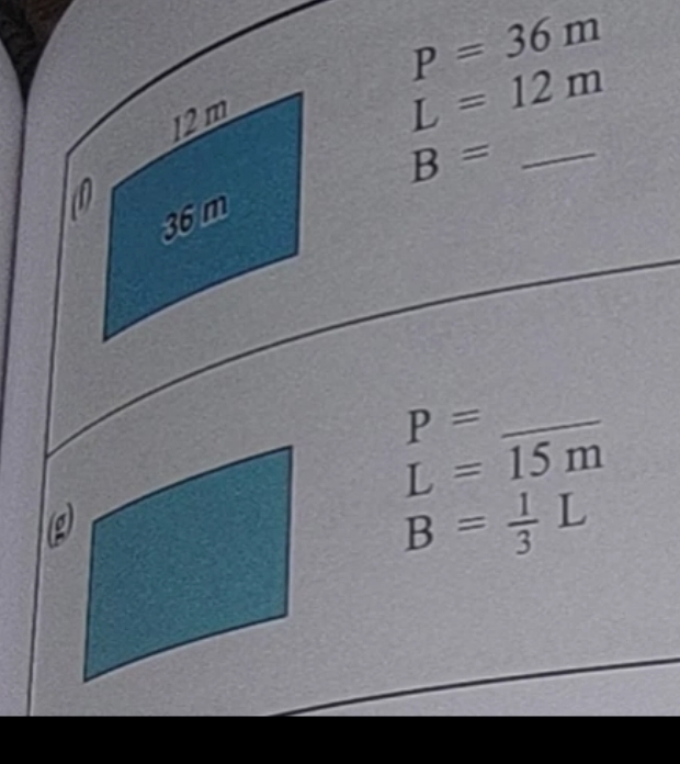 P=36m
12m
L=12m
B= _ 
0
36m
P= _
L=15m
B= 1/3 L