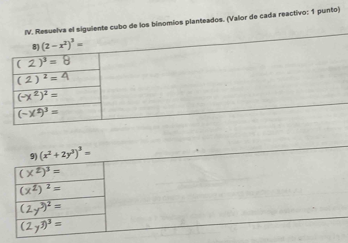 Resuelva el siguiente cubo de los binomios planteados. (Valor de cada reactivo: 1 punto)
9) (x^2+2y^3)^3=
(x^2)^3=
(x^2)^2=
(2y^3)^2=
(2y^3)^3=