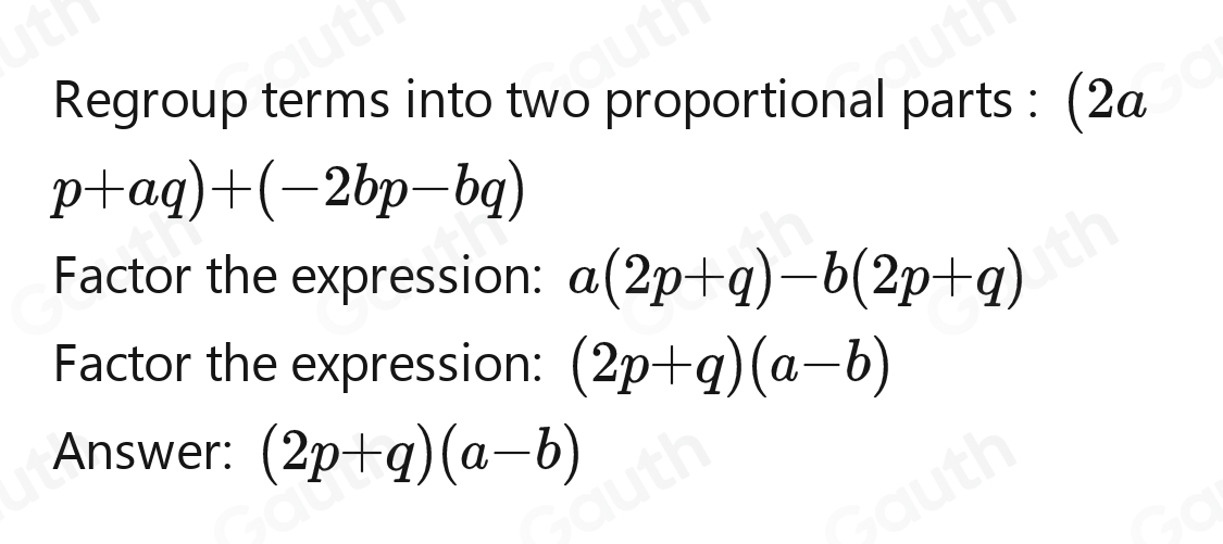 Solved: Example 8.22 Factorize completely 2ap+aq-bq-2bp [Math]