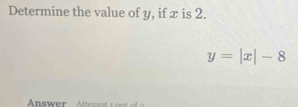 Determine the value of y, if x is 2.
y=|x|-8