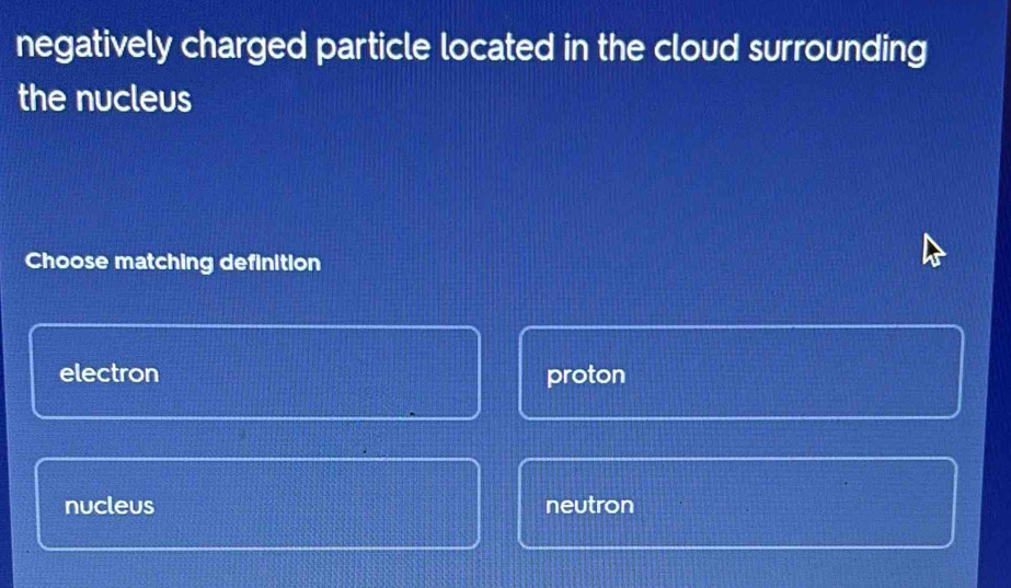 negatively charged particle located in the cloud surrounding
the nucleus
Choose matching definition
electron proton
nucleus neutron