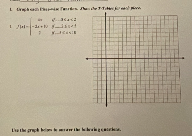 Graph each Piece-wise Function. Show the T -Tables for each piece. 
1. f(x)=beginarrayl 4xif...0≤ x<2 -2x+10if....2≤ x<5 2if...5≤ x<10endarray.
Use the graph below to answer the following questions.