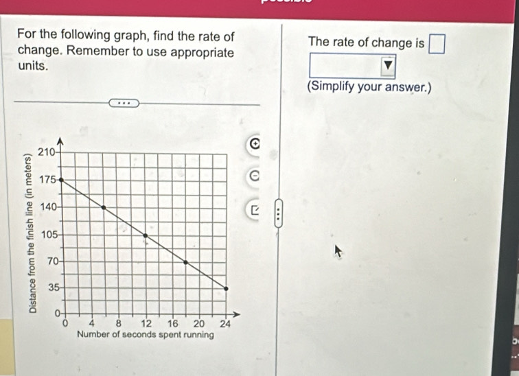 For the following graph, find the rate of The rate of change is □
change. Remember to use appropriate 
units. 
(Simplify your answer.) 
C 
E a