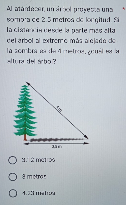 Al atardecer, un árbol proyecta una *
sombra de 2.5 metros de longitud. Si
la distancia desde la parte más alta
del árbol al extremo más alejado de
la sombra es de 4 metros, ¿cuál es la
altura del árbol?
3.12 metros
3 metros
4.23 metros