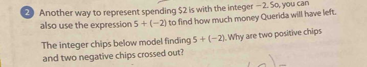 Another way to represent spending $2 is with the integer −2. So, you can 
also use the expression 5+(-2) to find how much money Querida will have left. 
The integer chips below model finding 5+(-2). Why are two positive chips 
and two negative chips crossed out?