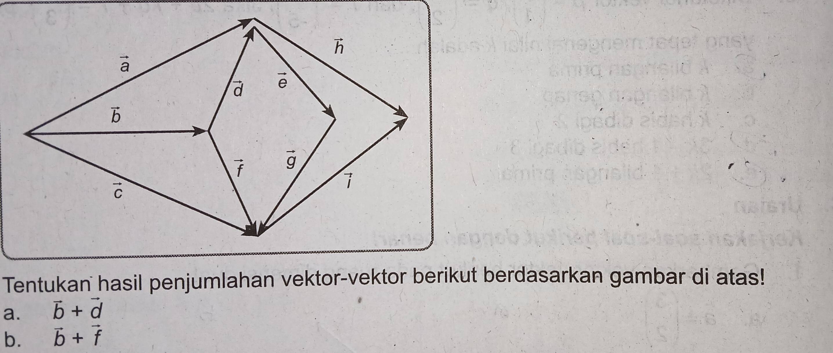 Tentukan hasil penjumlahan vektor-vektor berikut berdasarkan gambar di atas!
a. vector b+vector d
b. vector b+vector f