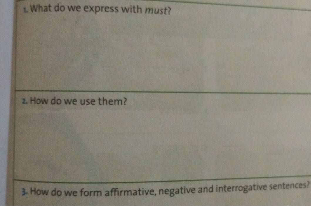 What do we express with must? 
2. How do we use them? 
3. How do we form affirmative, negative and interrogative sentences?