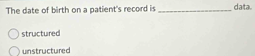 The date of birth on a patient's record is _data.
structured
unstructured