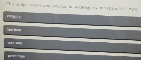 This budget tracks what you spend by category and expenditure type.
category
line-item
zero-sum
percentage