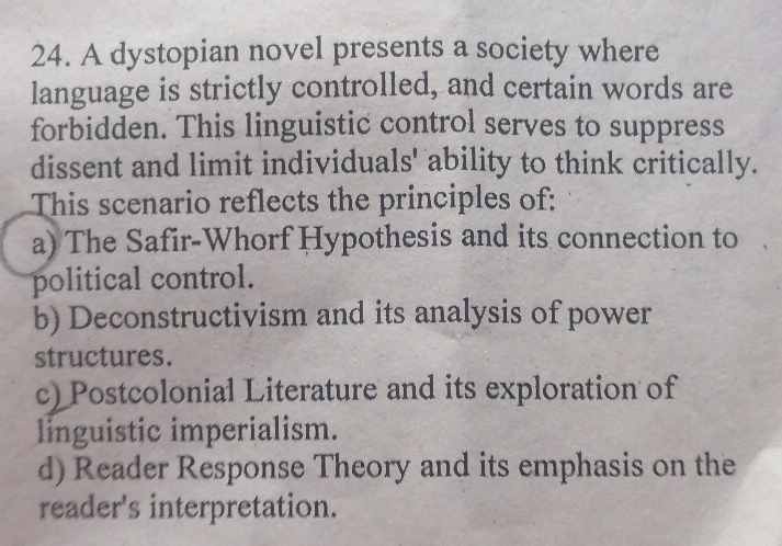 A dystopian novel presents a society where
language is strictly controlled, and certain words are
forbidden. This linguistic control serves to suppress
dissent and limit individuals' ability to think critically.
This scenario reflects the principles of:
a) The Safir-Whorf Hypothesis and its connection to 
political control.
b) Deconstructivism and its analysis of power
structures.
c) Postcolonial Literature and its exploration of
linguistic imperialism.
d) Reader Response Theory and its emphasis on the
reader's interpretation.