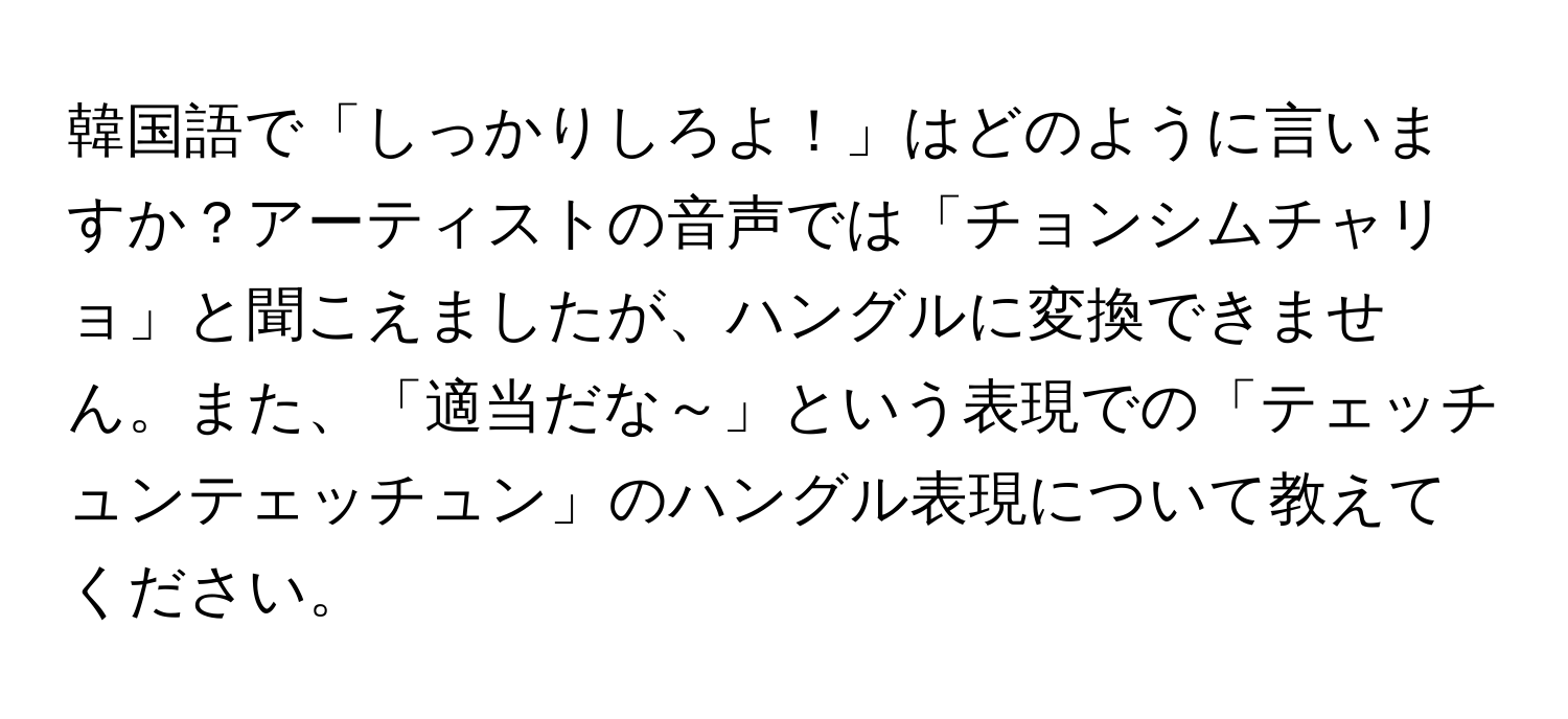 韓国語で「しっかりしろよ！」はどのように言いますか？アーティストの音声では「チョンシムチャリョ」と聞こえましたが、ハングルに変換できません。また、「適当だな～」という表現での「テェッチュンテェッチュン」のハングル表現について教えてください。