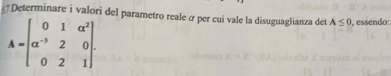 Determinare i valori del parametro reale α per cui vale la disuguaglianza det A≤ 0 , essendo:
A=beginbmatrix 0&1&a^2 a^(-3)&2&0 0&2&1endbmatrix.