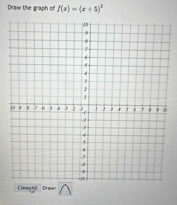 Draw the graph of f(x)=(x+5)^2
Clean All Draw: