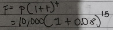 F=P(1+r)^+
=10,000(1+0.08)^15