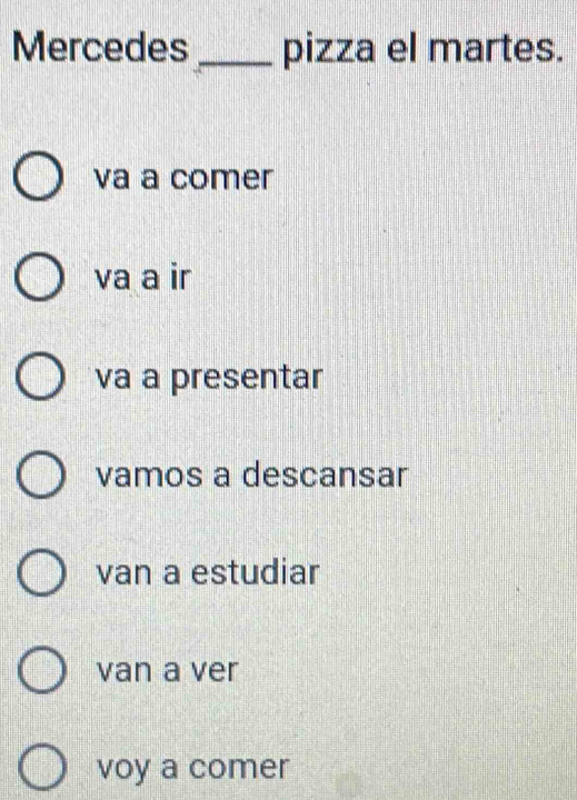 Mercedes_ pizza el martes.
va a comer
va a ir
và à presentar
vamos a descansar
van a estudiar
van a ver
voy a comer
