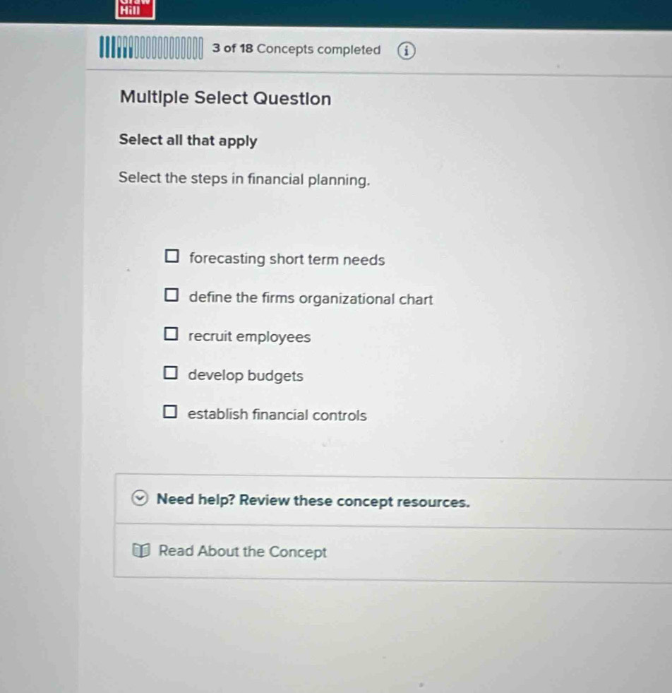 Hill
3 of 18 Concepts completed
Multiple Select Question
Select all that apply
Select the steps in financial planning.
forecasting short term needs
define the firms organizational chart
recruit employees
develop budgets
establish financial controls
Need help? Review these concept resources.
Read About the Concept