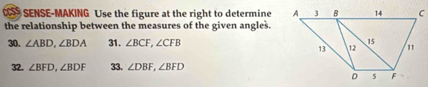 CCSS SENSE-MAKING Use the figure at the right to determine 
the relationship between the measures of the given angles. 
30. ∠ ABD, ∠ BDA 31. ∠ BCF, ∠ CFB
32. ∠ BFD, ∠ BDF 33. ∠ DBF, ∠ BFD