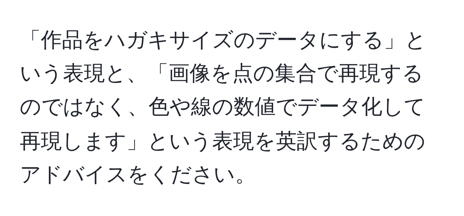 「作品をハガキサイズのデータにする」という表現と、「画像を点の集合で再現するのではなく、色や線の数値でデータ化して再現します」という表現を英訳するためのアドバイスをください。