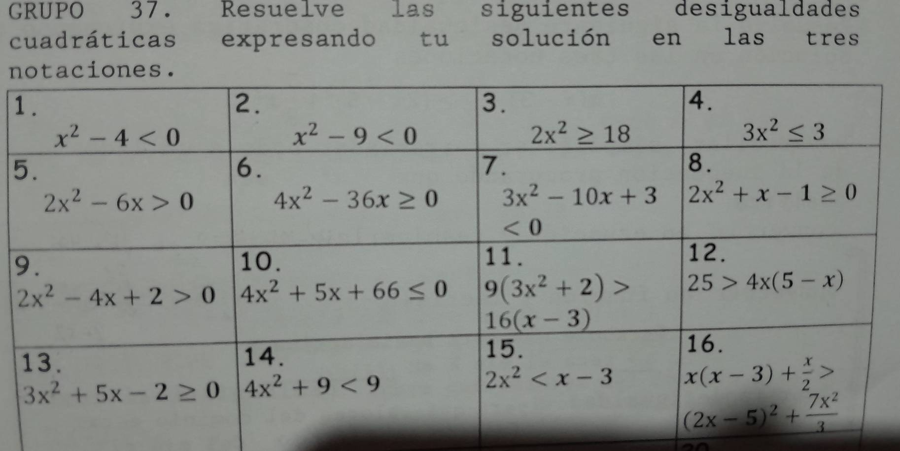 GRUPO 37. Resuelve las siguientes desigualdades
cuadráticas expresando tu solución en las tres
n
1
5
9