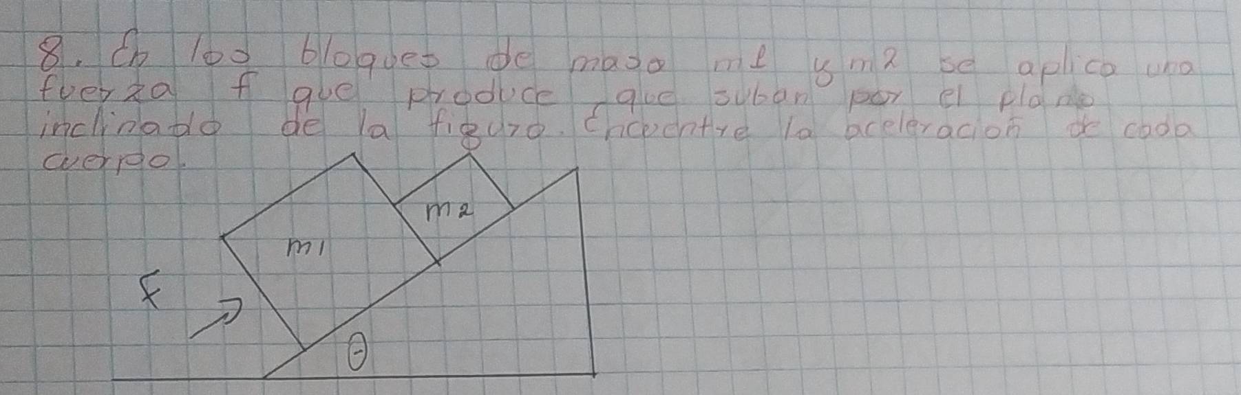 Ch loo blogoet de maoo me ym? se aplica uno 
fveria fgue produce que suban por el plane 
inclinadle de la figuro. chcecntre la aceleracion de cada 
everpo.