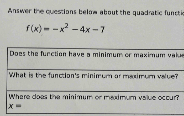 Answer the questions below about the quadratic functic
f(x)=-x^2-4x-7
e
_