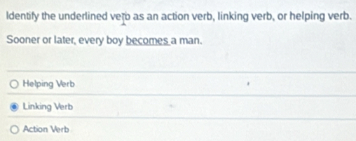 Identify the underlined verb as an action verb, linking verb, or helping verb.
Sooner or later, every boy becomes a man.
Helping Verb
Linking Verb
Action Verb